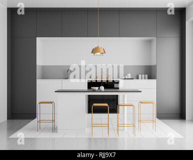 Lumineux moderne cuisine intérieur. Cuisine design minimaliste avec bar et tabourets. 3D illustration. Banque D'Images