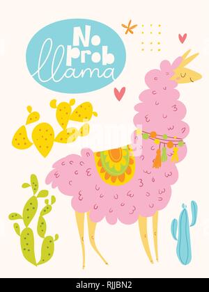 Vector affiche ou carte avec cute cartoon lama et des cactus Illustration de Vecteur