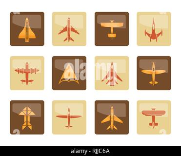 Différents types d'icônes d'avion sur fond brun - vector icon set Illustration de Vecteur