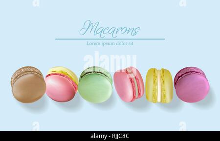 Macarons colorés vecteur réaliste. Modèle de page layout 3d illustration. Placement de produit label dessert Menu Illustration de Vecteur