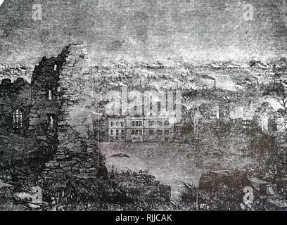 Une gravure représentant un aperçu de Dudley du château la nuit, montrant la fumée des cheminées de la ferronnerie. En date du 19e siècle Banque D'Images