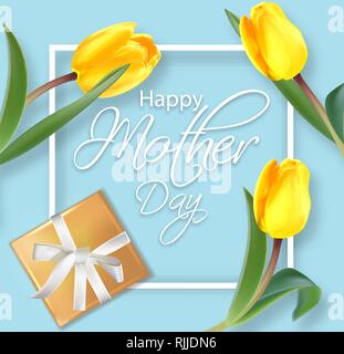 Carte mère avec tulipes jaune jour vecteur réaliste. Des cadeaux et des fleurs sur fond rose. Maison de vacances délicate de l'affiche. Carte saison printemps été illus 3d Illustration de Vecteur