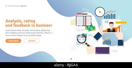 Analyse, évaluation et rétroaction dans les affaires. Témoignages de clients, commentaires, cote et aimé. Modèle en version plate pour les bandeaux web ou en infographie Illustration de Vecteur