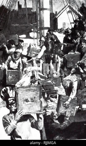Une gravure représentant une scène de la Boston Tea Party, une manifestation politique et mercantile par les fils de la liberté à Boston, Massachusetts. En date du 18e siècle Banque D'Images
