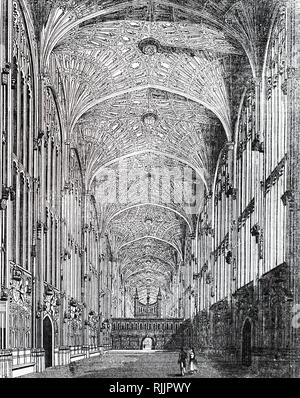 Une gravure représentant l'intérieur de King's College Chapel montrant le ventilateur à distance. En date du 19e siècle Banque D'Images