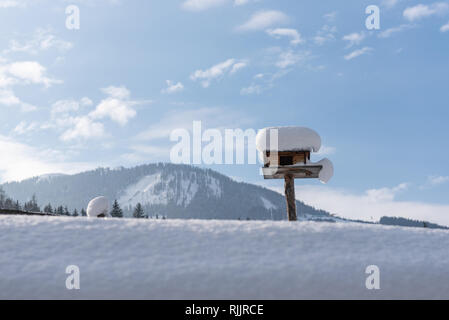 Home-made de l'oiseau en bois convoyeur en hiver, sous la neige. Banque D'Images