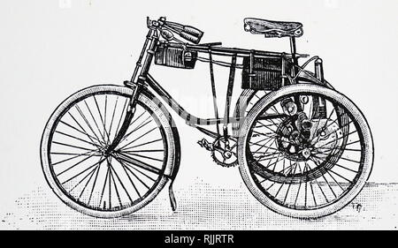 Une gravure représentant un tricycle à moteur à essence. En date du 19e siècle Banque D'Images