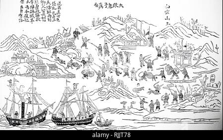 Une gravure représentant une scène de la Seconde Guerre de l'Opium - un Chinois l'inscription de l'engagement entre les Britanniques et les Chinois à Fatsham Creek sur la rivière de Canton. En date du 19e siècle Banque D'Images