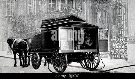 Une gravure représentant J. S. Thurman's horse-drawn van transportant un moteur et compresseur dans la rue fournissant de l'air comprimé pour les entrepreneurs nettoyer un appartement dans le bâtiment voisin. En date du 20e siècle Banque D'Images