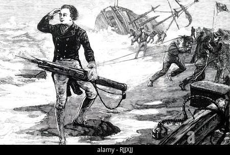 Une gravure représentant John Franklin fait naufrage sur un récif au large des côtes de l'Australie. Le Contre-amiral Sir John Franklin (1786-1847) Un officier de la Royal Navy et explorateur de l'Arctique. En date du 19e siècle Banque D'Images