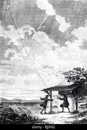 Une vue d'artiste de la Benjamin Franklin (1706-1790) Enquête sur la nature électrique de la foudre en septembre 1752. Franklin et son assistant sont voler un cerf-volant dans un orage et Franklin sont l'élaboration d'une chaîne le cerf-volant. En date du 19e siècle Banque D'Images