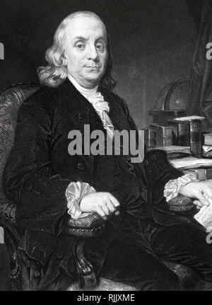 Une gravure représentant Benjamin Franklin (1706-1790) L'un des pères fondateurs, grand penseur, l'auteur, théoricien de la politique, de l'imprimante, homme politique et Franc-maçon, ministre des Postes, scientifique, inventeur, activiste civique, homme d'État et diplomate. En date du 18e siècle Banque D'Images