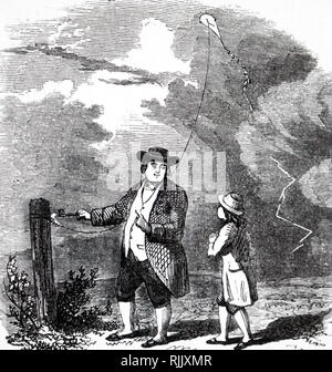 Une vue d'artiste de la Benjamin Franklin (1706-1790) Enquête sur la nature électrique de la foudre en septembre 1752. Franklin et son assistant sont voler un cerf-volant dans un orage et Franklin sont l'élaboration d'une chaîne le cerf-volant. En date du 19e siècle Banque D'Images