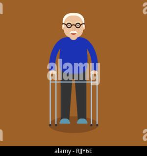 Grand-père debout toute la longueur avec palettes de Walker. Personnes âgées à la retraite l'âge senior. Character design style plat Illustration de Vecteur