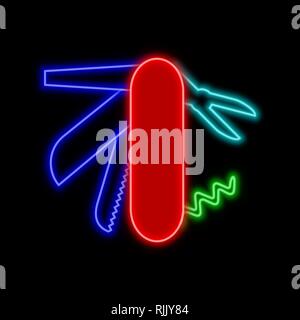 Couteau multifonctions multitool, au néon. Symbole rougeoyant lumineux sur un fond noir. Icône style néon. Illustration de Vecteur