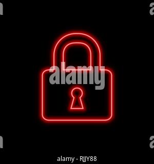 Verrou fermé en néon. Symbole rougeoyant lumineux sur un fond noir. Icône style néon. Illustration de Vecteur
