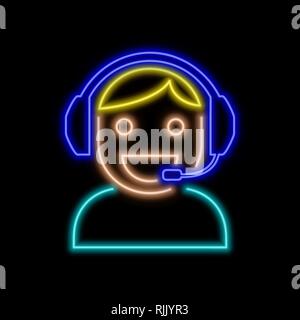 Support client en néon. Symbole rougeoyant lumineux sur un fond noir. Icône style néon. Illustration de Vecteur