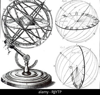 Une gravure représentant une sphère armillaire, et des diagrammes pour les cadrans horizontaux et verticaux. En date du 19e siècle Banque D'Images