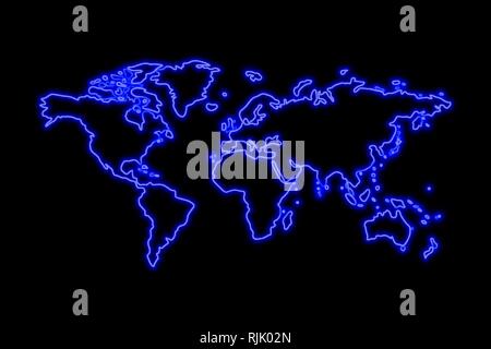 Carte du monde en néon. Symbole rougeoyant lumineux sur un fond noir. Icône style néon. Illustration de Vecteur