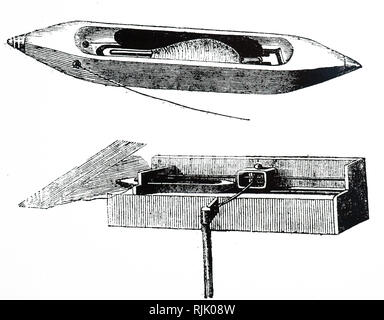 Une gravure représentant une navette fly utilisé dans métiers mécaniques. Top : Navette aéroport. Bas : Navette aéroport dans son "hed' montrant l'appareil pour le jeter de droite à gauche. Un dispositif similaire a été installé sur l'autre côté de la lancer de gauche à droite. Navette Fly inventé par John May circa 1730. En date du 19e siècle Banque D'Images