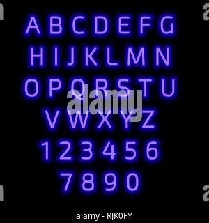 L'alphabet et des chiffres. Style néon. Lettres bleues. Illustration de Vecteur