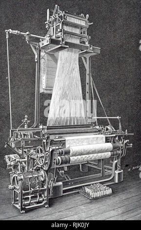 Une gravure représentant un métier Jacquard. La mécanique Jacquard était un appareil monté sur un métier à tisser mécanique qui simplifie le processus de fabrication des textiles aux motifs complexes tels que Brocade, damassés et matelasse. En date du 19e siècle Banque D'Images