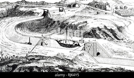 Une vue en perspective d'un canal, montrant trois niveaux différents et pound se verrouille pour relever et abaisser l'engin d'un niveau à l'autre. En date du 18e siècle Banque D'Images