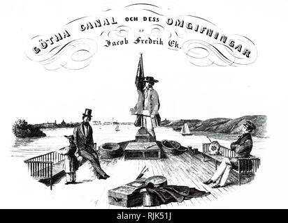 Gravure représentant un bateau naviguant sur le canal suédois le Gotta (Gotha) Canal. Cette importante voie navigable a été ouvert en 1832. Le canal a été ouvert en 1894 et était le plus grand fleuve route de navigation dans le monde. En date du 19e siècle Banque D'Images