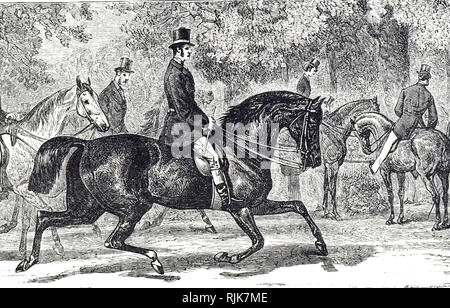 Une gravure représentant des hommes installés dans Rotten Row, Hyde Park, Londres. En date du 19e siècle Banque D'Images