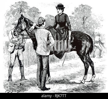 Une gravure représentant une jeune femme à côté d'équitation selle sur son cheval. En date du 19e siècle Banque D'Images