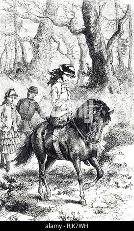 Une gravure représentant une jeune fille à côté d'équitation selle sur son cheval. En date du 19e siècle Banque D'Images