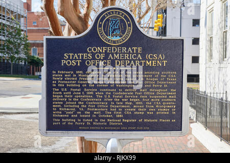 Repère historique pour les États confédérés d'Amérique (CSA) Ministère des Postes au centre-ville de Montgomery en Alabama, USA. Banque D'Images