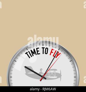 Temps de voler. Blanc horloge avec slogan de motivation. Metal analogique Watch avec le verre. Vector illustration isolé sur fond de couleur solide. Illustration de Vecteur