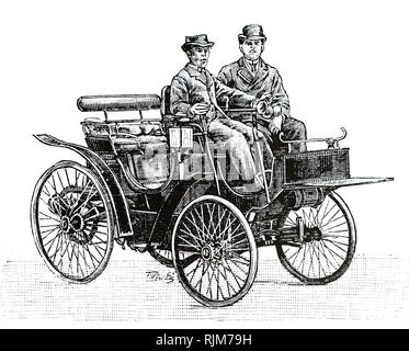 Une gravure représentant une voiture à essence Peugeot. En date du 19e siècle Banque D'Images