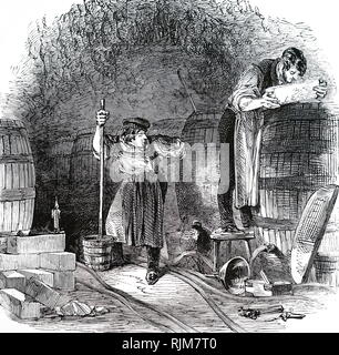 Une gravure illustrant le processus de les substances adultérantes (ou pompage) de la bière dans le but d'en faire deux ou trois tonneaux d'un bon. Les principaux ingrédients ajoutés étaient le sel, l'eau et de mélasse. En date du 19e siècle Banque D'Images