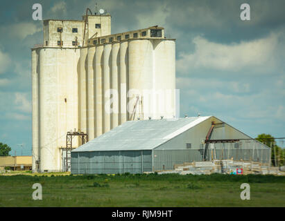 Une vieille vue d'agriculture industrielle avec de vieux silos et plus récents metal grange en paysage Texas Banque D'Images