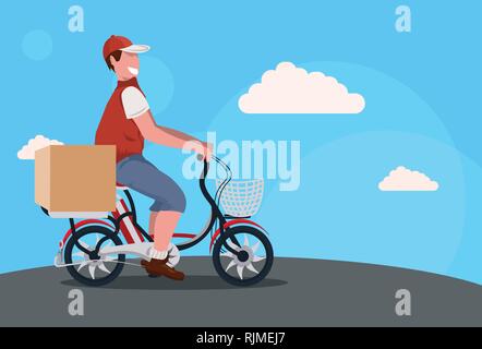 Cyclisme homme transportant des vélos à colis express concept livraison guy en uniforme riding bike homme personnage télévision horizontale pleine longueur Illustration de Vecteur