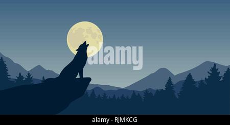 Le loup hurle à la pleine lune bleu nature paysage vector illustration EPS10 Illustration de Vecteur