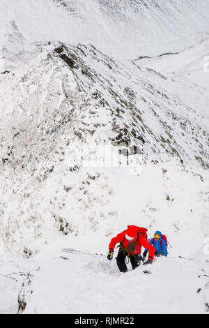 Les grimpeurs alpinistes / hiver sur une traverse de tranchant, une crête sur Blencathra Mountain dans le Parc National du Lake District, Cumbria, Royaume-Uni Banque D'Images