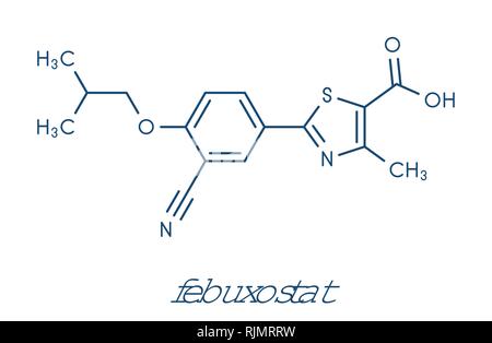 La goutte du fébuxostat (molécule du médicament inhibiteur de la xanthine oxydase). Formule topologique. Illustration de Vecteur