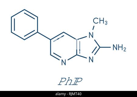 PhIP ou 2-Amino-1-méthyl-6-phenylimidazo(4,5-b)pyridine molécule. Amine hétérocyclique présents dans la viande cuite. Formule topologique. Illustration de Vecteur