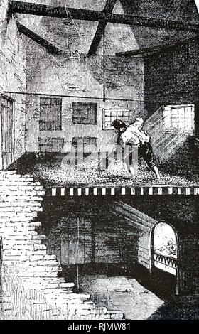 Une gravure représentant un four brassicole, où la germination de l'orge a été arrêté. L'orge a été répandue sur le sol (centre) après le trempage et la germination, et un feu allumé dans le four en dessous. 1866 Banque D'Images