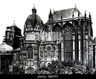 Une gravure représentant la cathédrale, une église catholique romaine à Aix-la-Chapelle, dans l'ouest de l'Allemagne, et la voir du Diocèse catholique romain de Aix-la-Chapelle. En date du 19e siècle Banque D'Images