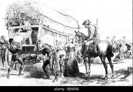 Illustration montrant l'Agitation dans Bechuianaland (Botswana) : perception des Boers sur illégale de trader's de wagons. Cecil Rhodes a aidé à faire beaucoup de Bechuanaland pour la Grande-Bretagne, en opposition à la République du Transvaal. Au cours de la ruée sur l'Afrique le territoire du Botswana a été convoitée par l'Allemagne et la Grande-Bretagne. Au cours de la Conférence de Berlin, la Grande-Bretagne a décidé d'annexer le Botswana afin de protéger la route vers le nord et donc brancher la Colonie du Cap, à ses territoires plus au nord. Il a unilatéralement annexé Tswana territoires en janvier 1885 Banque D'Images