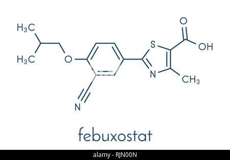 La goutte du fébuxostat (molécule du médicament inhibiteur de la xanthine oxydase). Formule topologique. Illustration de Vecteur