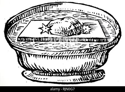 Illustration de Lodestone à bord, flottant dans un bol d'eau. Il a été possible de démontrer de cette façon qu'il serait toutefois mis au repos avec une orientation nord/sud (en forme d'étoile sont des objets de communication), d'Athanasius Kircher 'Magnes sive de Arte Magnetica", Cologne, 1643 Banque D'Images