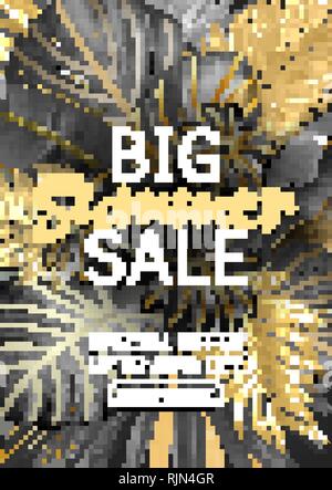 La publicité ou bannière verticale vecteur modèle d'affiche avec feuilles tropicales noir et or sur fond gris foncé. Jardin botanique exotique design. EPS10 Illustration de Vecteur