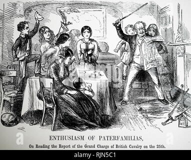Illustration de réaction à la maison pour l'apprentissage de la bravoure de la charge de la Brigade légère à la bataille de Balaclava, guerre de Crimée, 25 octobre 1854. L'armée russe défait par les alliés à cette bataille. Père et les membres de la famille heureuse. Mère et filles ont les larmes à l'idée de peut-être morts ou blessés proches. John Leech caricature de Punch,1854 Banque D'Images
