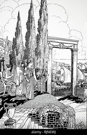 Flotte de 40 navires au départ de Corcyra pour récupérer de l'Epidamnus Corinthiens. Première action de la guerre du Péloponnèse (deuxième, ou grande) 431-404 BC entre Athènes et Sparte. Illustration par W. Gordon Mein 1910 Banque D'Images