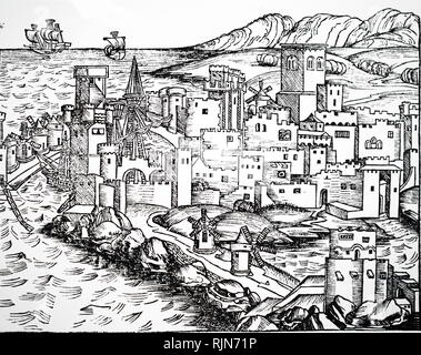 Vue de Rhodes, montrant les moulins à vent pour produire la farine, et les navires à l'abri dans le port. De Hartmann Schedel 'Liber Chronicarum mundi (Chronique de Nuremberg Nuremberg, 1493)" Banque D'Images